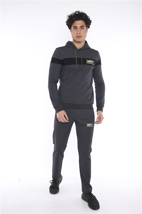 Escetic Siyah Gri Erkek Nefes Alan Pamuklu Kapüşonlu Baskılı Slimfit Spor Sweat Takım A3042