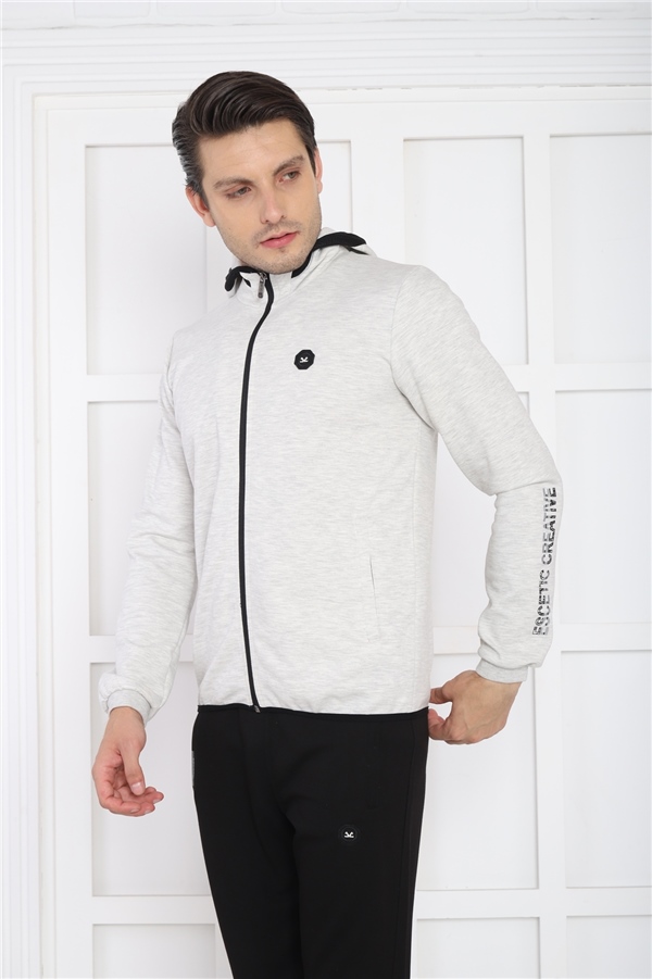 Escetic Kar Melanj Erkek Kapüşonlu 4 Mevsim Nefes Alabilen Pamuklu Spor Slimfit Eşofman Takımı 6761