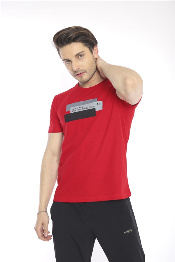 Escetic Kırmızı Erkek Ragular Kalıp Pamuklu ABD Pike Nefes Alabilen Spor T-Shirt 0876