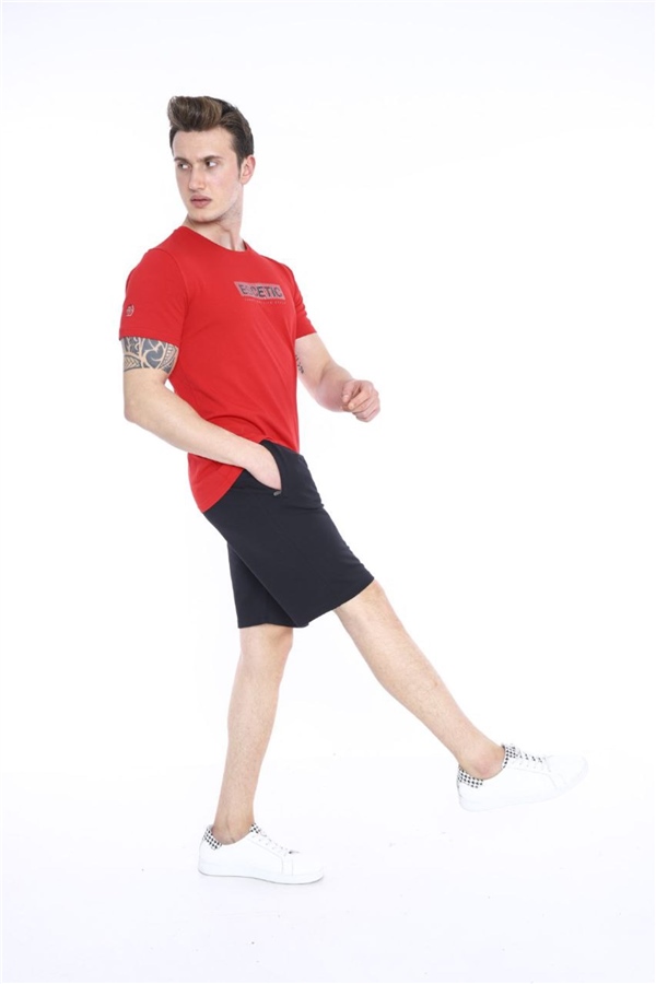 Escetic Kırmızı Erkek Baskılı Pamuklu Nefes Alan Şort-T-shirt Takım A3012