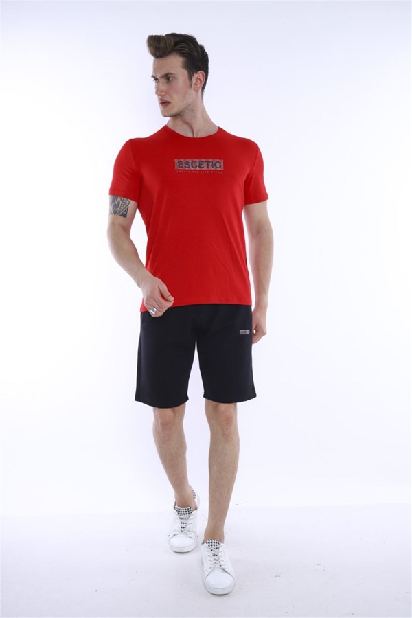 Escetic Kırmızı Erkek Baskılı Pamuklu Nefes Alan Şort-T-shirt Takım A3012