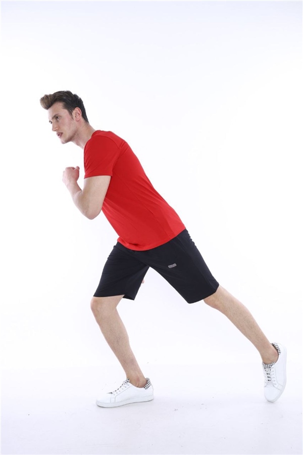 Escetic Kırmızı Erkek Baskılı Pamuklu Nefes Alan Şort-T-shirt Takım A3012