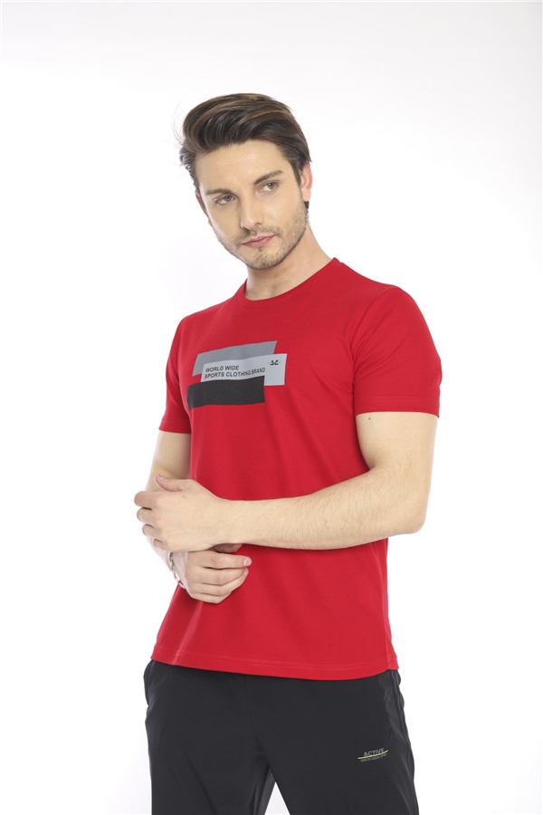 Escetic Kırmızı Erkek Ragular Kalıp Pamuklu ABD Pike Nefes Alabilen Spor T-Shirt 0876