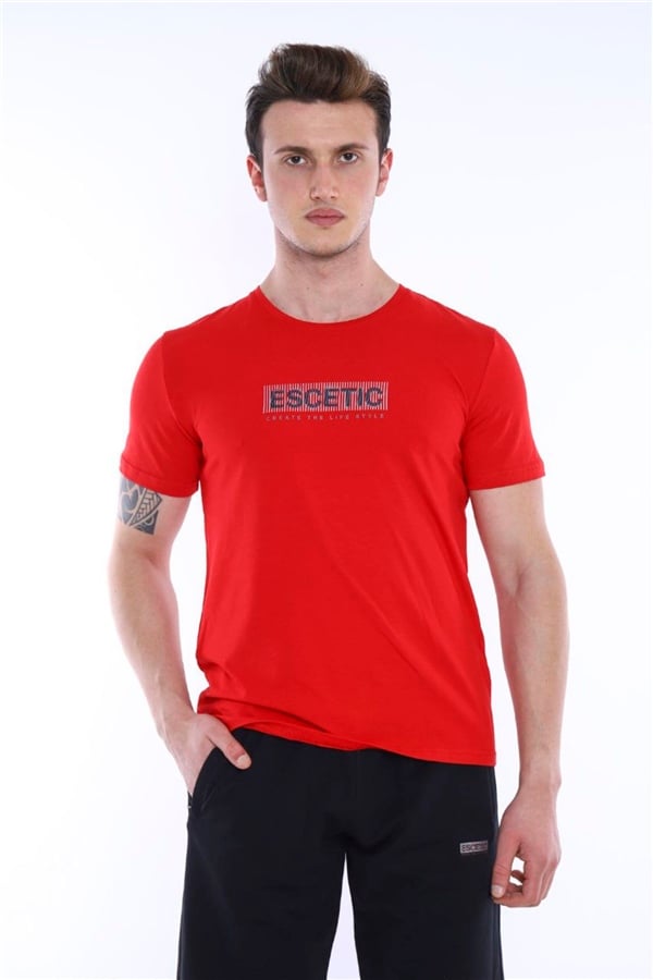 Escetic Kırmızı Erkek Baskılı Pamuklu Nefes Alan Şort-T-shirt Takım A3012