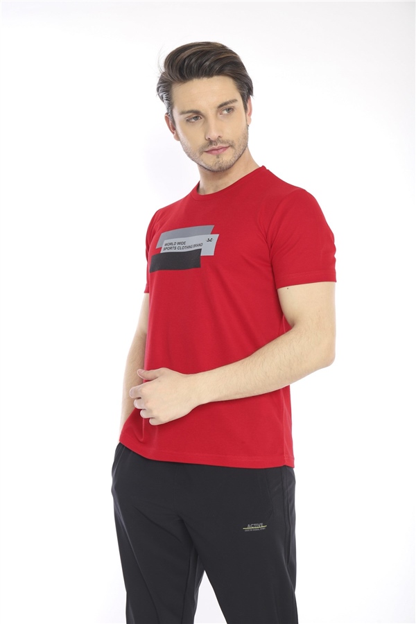 Escetic Kırmızı Erkek Ragular Kalıp Pamuklu ABD Pike Nefes Alabilen Spor T-Shirt 0876