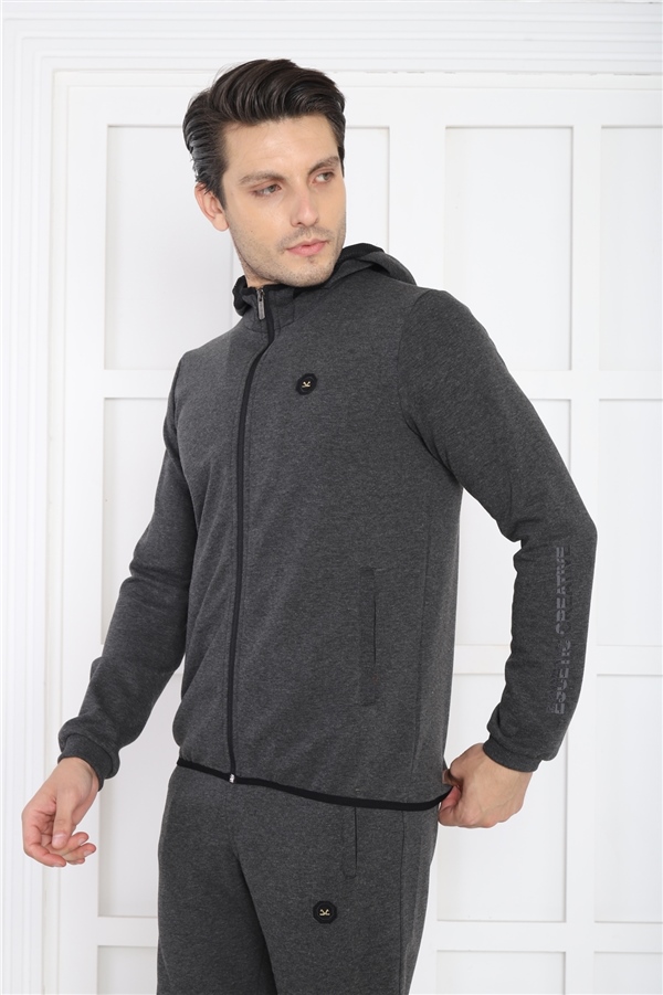 Escetic Antresit Erkek Kapüşonlu 4 Mevsim Nefes Alabilen Pamuklu Spor Slimfit Eşofman Takımı 6761