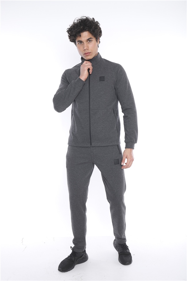 Escetic Koyu Antresit Erkek Şardonlu Lakos Kumaş Dik Yaka Spor Slimfit Eşofman Takımı 6693
