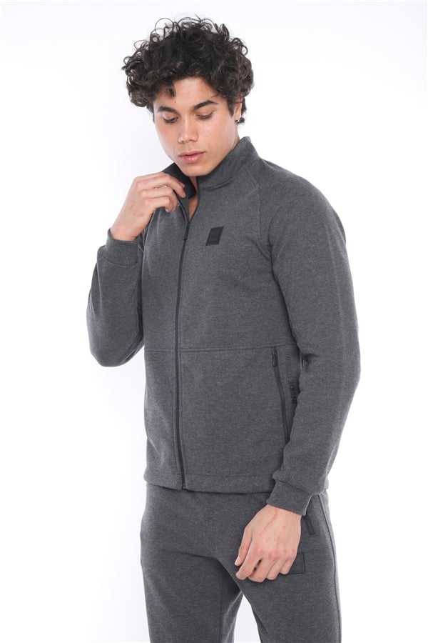 Escetic Koyu Antresit Erkek Şardonlu Lakos Kumaş Dik Yaka Spor Slimfit Eşofman Takımı 6693