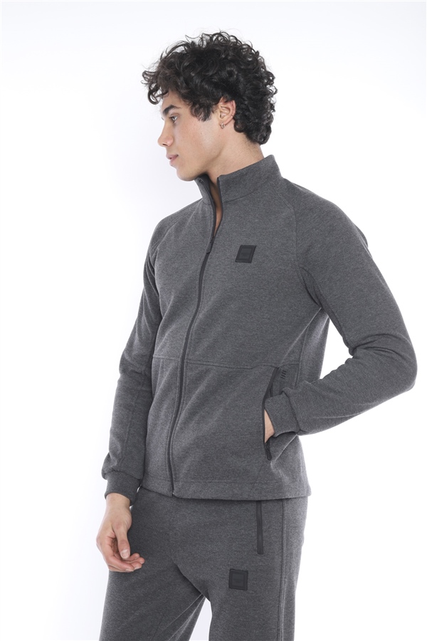 Escetic Koyu Antresit Erkek Şardonlu Lakos Kumaş Dik Yaka Spor Slimfit Eşofman Takımı 6693