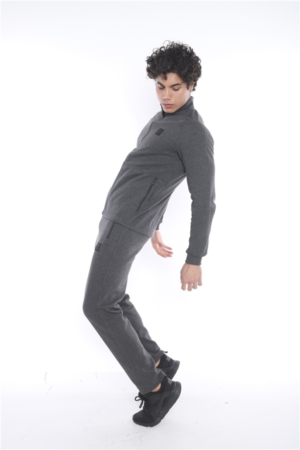 Escetic Koyu Antresit Erkek Şardonlu Lakos Kumaş Dik Yaka Spor Slimfit Eşofman Takımı 6693