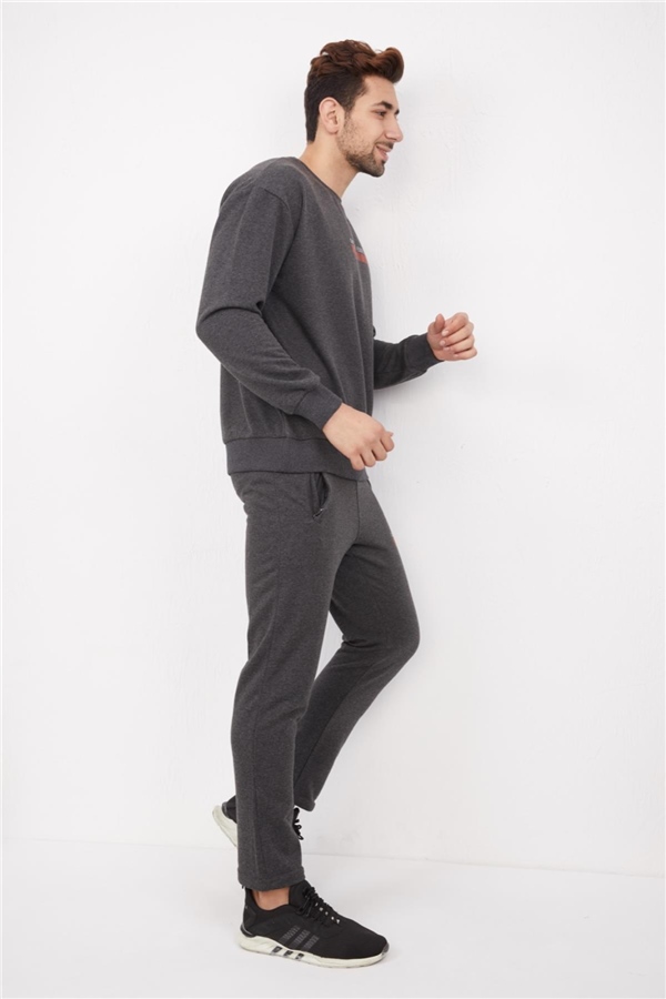 Escetic Koy Gri Erkek 3 İplik Nefes Alabilen Pamuklu Baskılı Spor Oversize Sweat Takım A3040