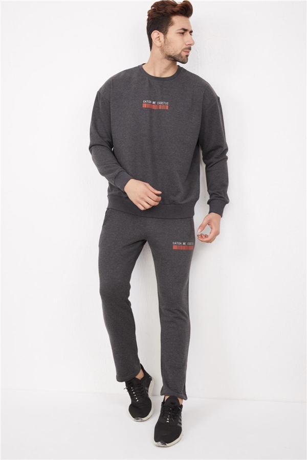 Escetic Koy Gri Erkek 3 İplik Nefes Alabilen Pamuklu Baskılı Spor Oversize Sweat Takım A3040