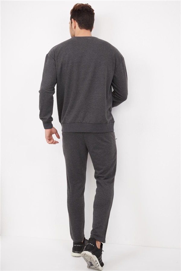 Escetic Koy Gri Erkek 3 İplik Nefes Alabilen Pamuklu Baskılı Spor Oversize Sweat Takım A3040