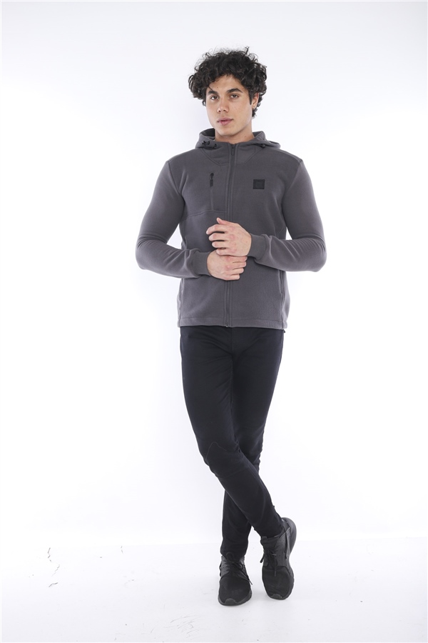 Escetic Koyu Gri Erkek Slimfit Kalın 3 Cepli Kapüşonlu Spor Polar 6703