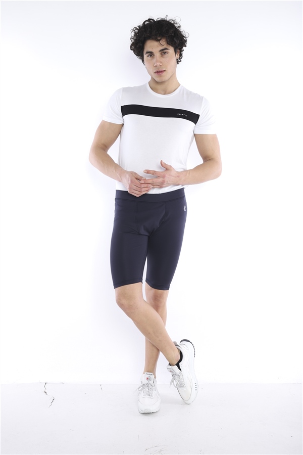 Escetic Lacivert Erkek Mikro Dalgıç Kumaş Baskılı Kısa Fitnes Tayt B1130