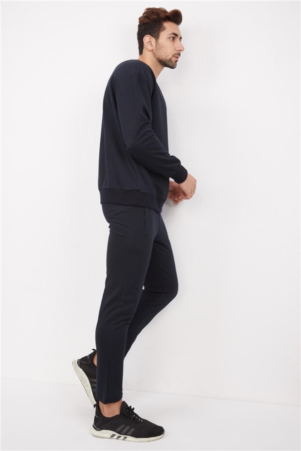 Escetic Lacivert Erkek 3 İplik Nefes Alabilen Pamuklu Baskılı Spor Oversize Sweat Takım A3040