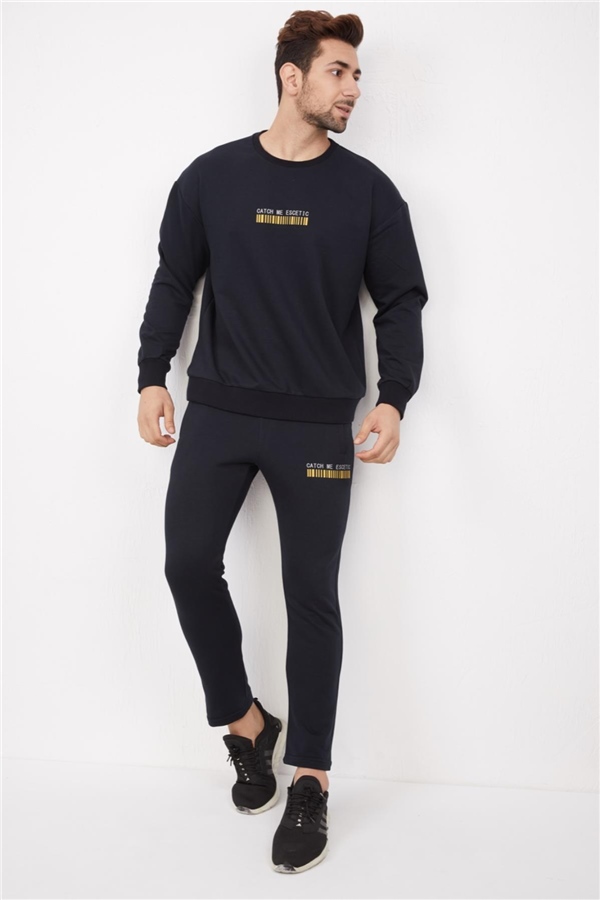 Escetic Lacivert Erkek 3 İplik Nefes Alabilen Pamuklu Baskılı Spor Oversize Sweat Takım A3040