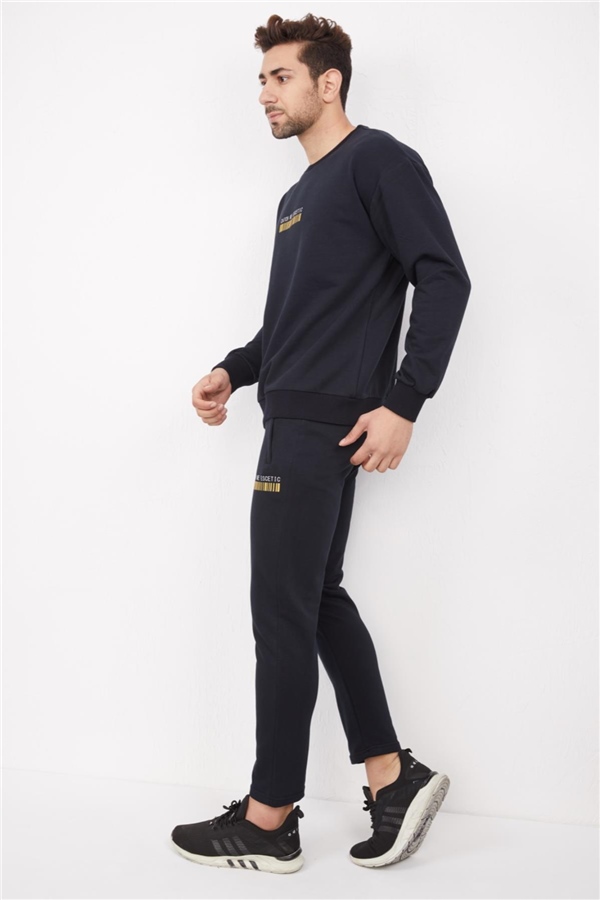 Escetic Lacivert Erkek 3 İplik Nefes Alabilen Pamuklu Baskılı Spor Oversize Sweat Takım A3040