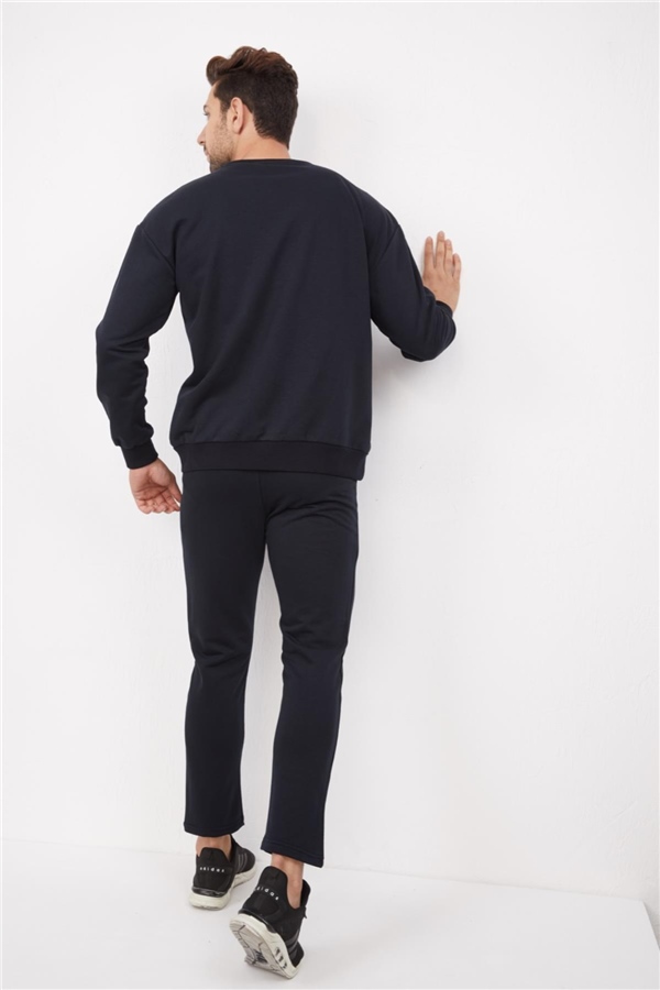 Escetic Lacivert Erkek 3 İplik Nefes Alabilen Pamuklu Baskılı Spor Oversize Sweat Takım A3040