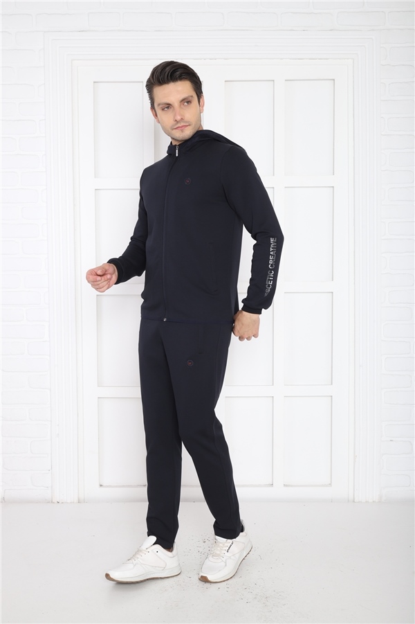 Escetic Lacivert Erkek Kapüşonlu 4 Mevsim Nefes Alabilen Pamuklu Spor Slimfit Eşofman Takımı 6761