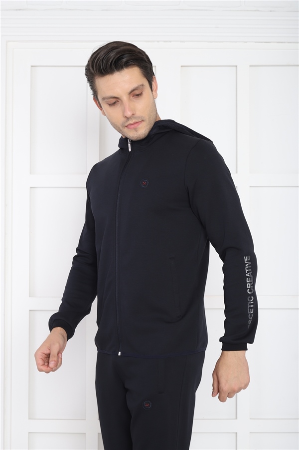 Escetic Lacivert Erkek Kapüşonlu 4 Mevsim Nefes Alabilen Pamuklu Spor Slimfit Eşofman Takımı 6761