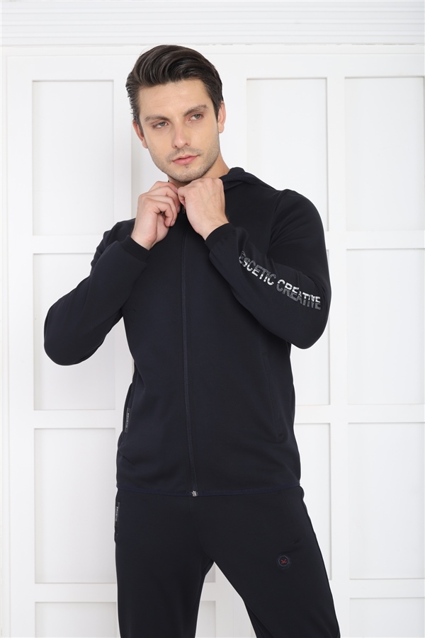 Escetic Lacivert Erkek Kapüşonlu 4 Mevsim Nefes Alabilen Pamuklu Spor Slimfit Eşofman Takımı 6761