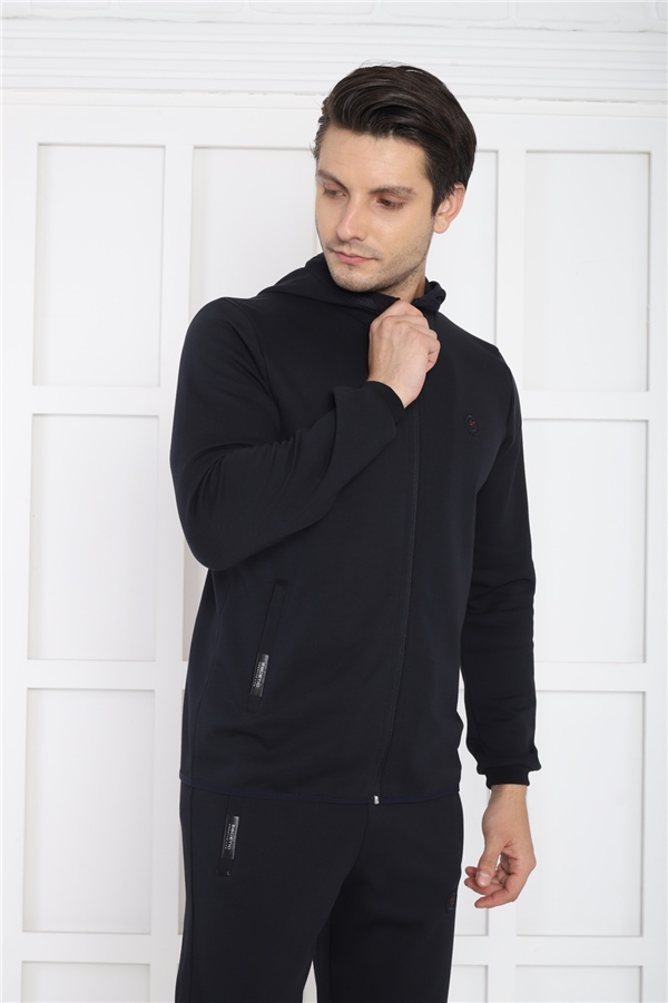 Escetic Lacivert Erkek Kapüşonlu 4 Mevsim Nefes Alabilen Pamuklu Spor Slimfit Eşofman Takımı 6761