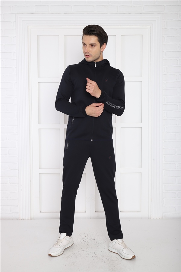 Escetic Lacivert Erkek Kapüşonlu 4 Mevsim Nefes Alabilen Pamuklu Spor Slimfit Eşofman Takımı 6761