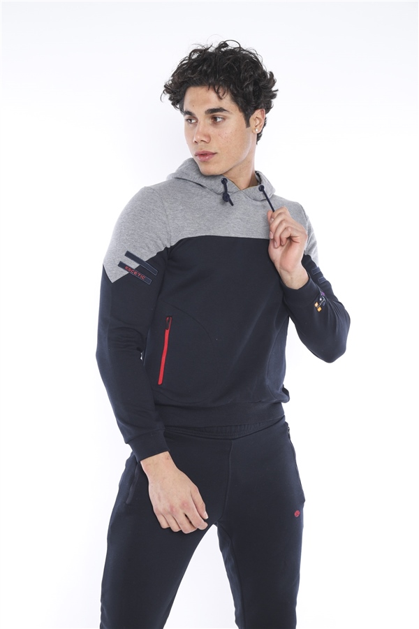 Escetic Lacivert Erkek 3 İplik Nefes Alabilen Pamuklu Baskılı Spor Slimfit Sweat Takım A3039