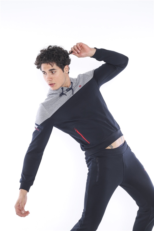 Escetic Lacivert Erkek 3 İplik Nefes Alabilen Pamuklu Baskılı Spor Slimfit Sweat Takım A3039