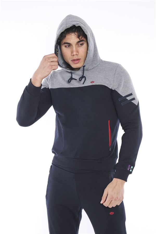 Escetic Lacivert Erkek 3 İplik Nefes Alabilen Pamuklu Baskılı Spor Slimfit Sweat Takım A3039