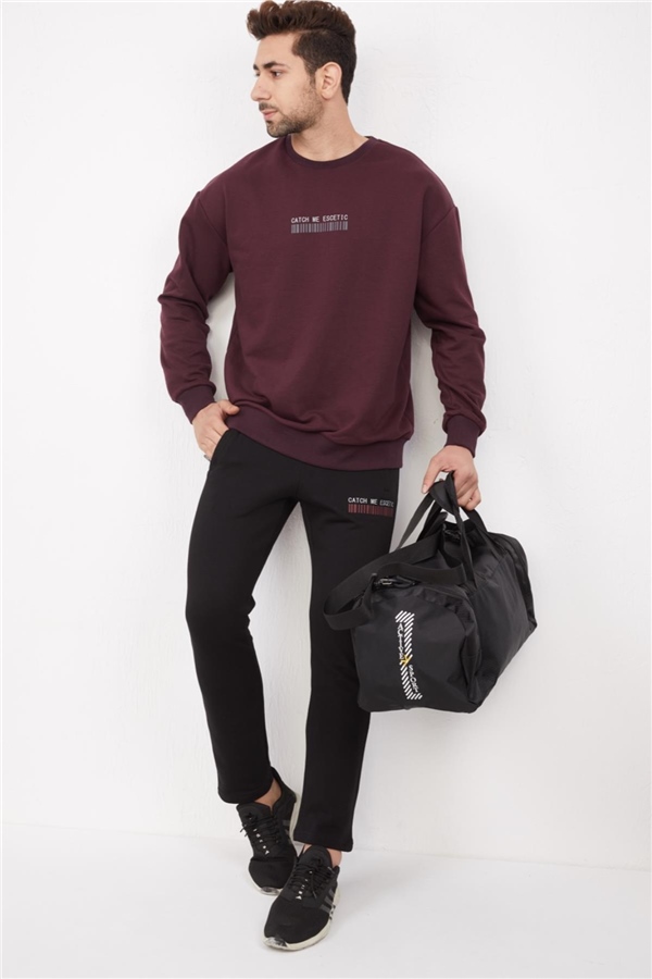 Escetic Mürdüm Erkek 3 İplik Nefes Alabilen Pamuklu Baskılı Spor Oversize Sweat Takım A3040