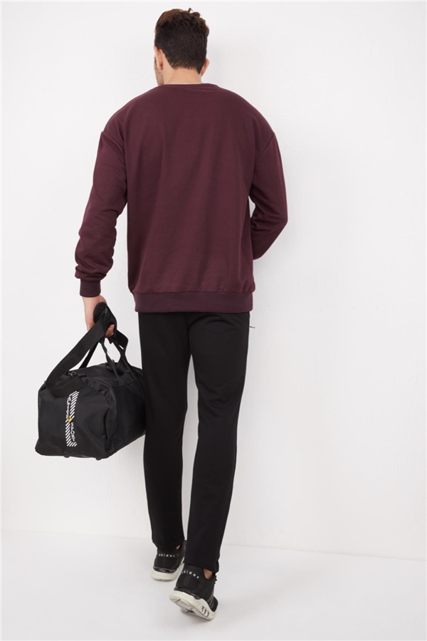 Escetic Mürdüm Erkek 3 İplik Nefes Alabilen Pamuklu Baskılı Spor Oversize Sweat Takım A3040