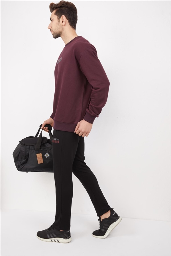 Escetic Mürdüm Erkek 3 İplik Nefes Alabilen Pamuklu Baskılı Spor Oversize Sweat Takım A3040