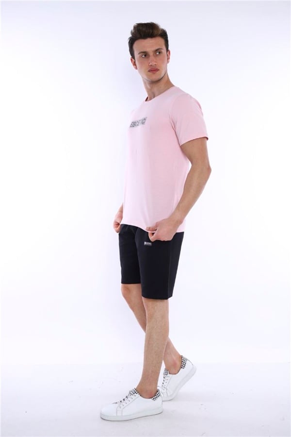 Escetic Pudra Erkek Baskılı Pamuklu Nefes Alan Şort-T-shirt Takım A3012