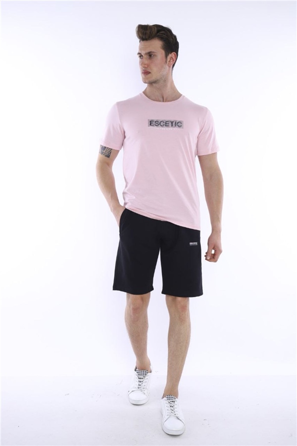 Escetic Pudra Erkek Baskılı Pamuklu Nefes Alan Şort-T-shirt Takım A3012