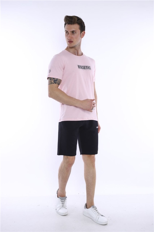 Escetic Pudra Erkek Baskılı Pamuklu Nefes Alan Şort-T-shirt Takım A3012