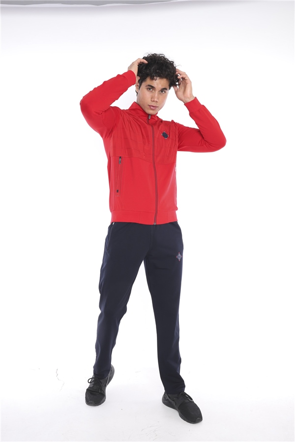 Escetic Kırmızı Erkek Casual Kalıp 4 Cepli Dik Yaka 4 Mevsim Spor Eşofman Takımı 6665