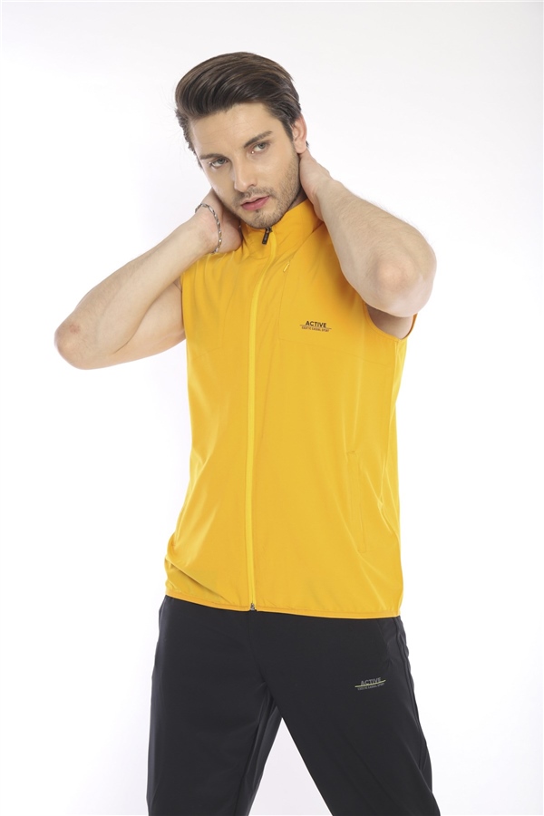 Escetic Sarı Erkek Dik Yaka Spor Likra Nefes Alabilen 4 Cepli Yazlık Slimfit Yelekli Eşofman Takımı 6921