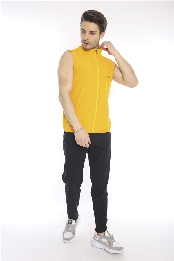 Escetic Sarı Erkek Dik Yaka Spor Likra Nefes Alabilen 4 Cepli Yazlık Slimfit Yelekli Eşofman Takımı 6921