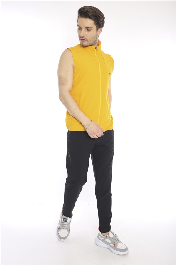 Escetic Sarı Erkek Dik Yaka Spor Likra Nefes Alabilen 4 Cepli Yazlık Slimfit Yelekli Eşofman Takımı 6921