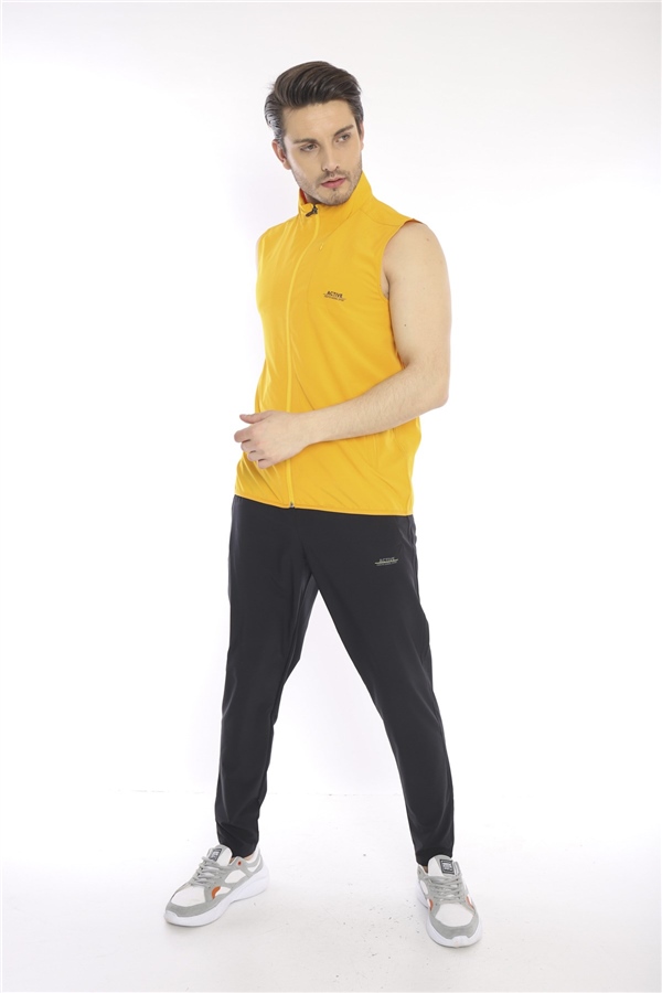 Escetic Sarı Erkek Dik Yaka Spor Likra Nefes Alabilen 4 Cepli Yazlık Slimfit Yelekli Eşofman Takımı 6921