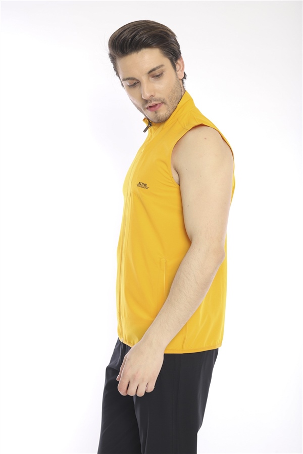 Escetic Sarı Erkek Dik Yaka Spor Likra Nefes Alabilen 4 Cepli Yazlık Slimfit Yelekli Eşofman Takımı 6921