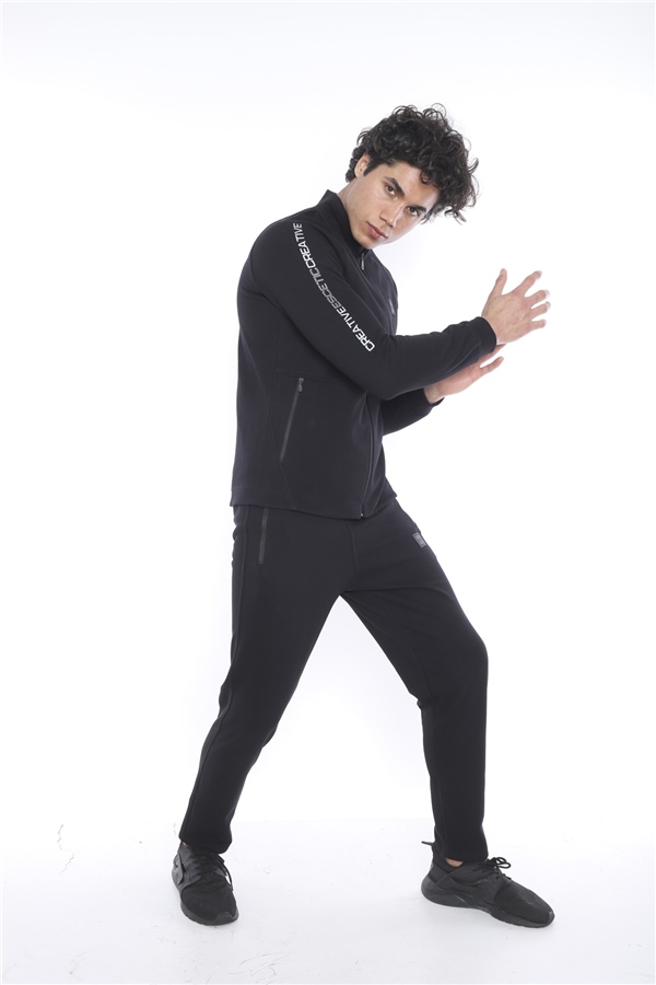 Escetic Siyah Erkek Şardonlu Lakos Kumaş Dik Yaka Spor Slimfit Eşofman Takımı 6693