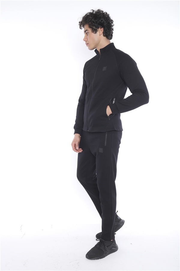 Escetic Siyah Erkek Şardonlu Lakos Kumaş Dik Yaka Spor Slimfit Eşofman Takımı 6693