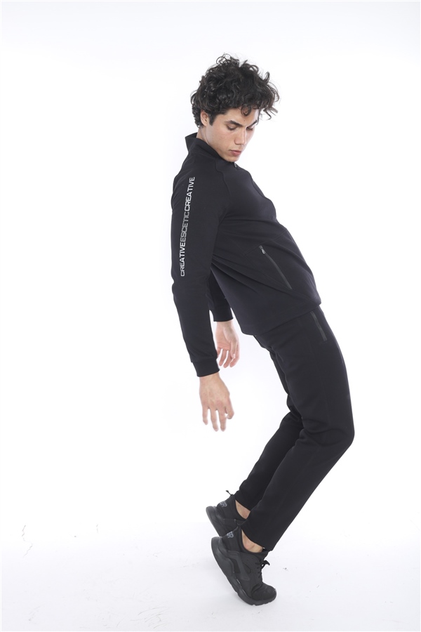 Escetic Siyah Erkek Şardonlu Lakos Kumaş Dik Yaka Spor Slimfit Eşofman Takımı 6693