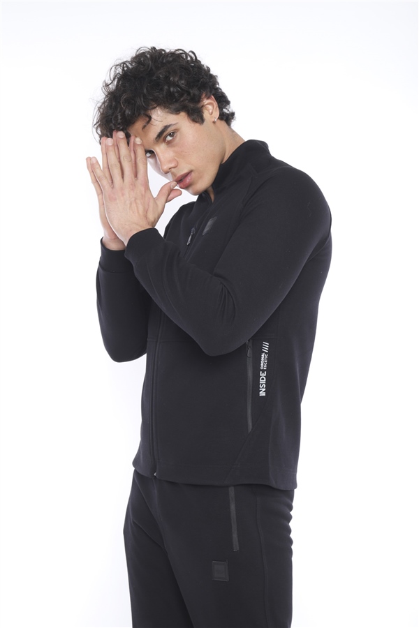 Escetic Siyah Erkek Şardonlu Lakos Kumaş Dik Yaka Spor Slimfit Eşofman Takımı 6693