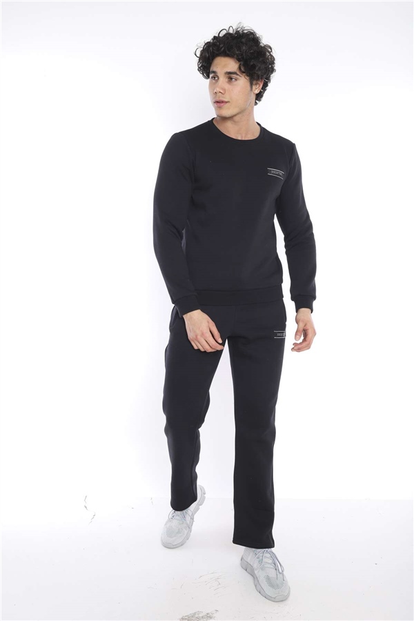 Escetic Siyah Erkek Kışlık Kalın 3 İplik (İçi Şardonlu) Sweat Eşofman Takımı A3053