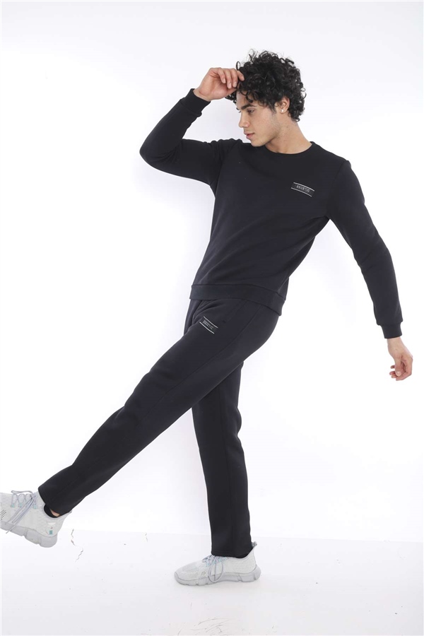 Escetic Siyah Erkek Kışlık Kalın 3 İplik (İçi Şardonlu) Sweat Eşofman Takımı A3053