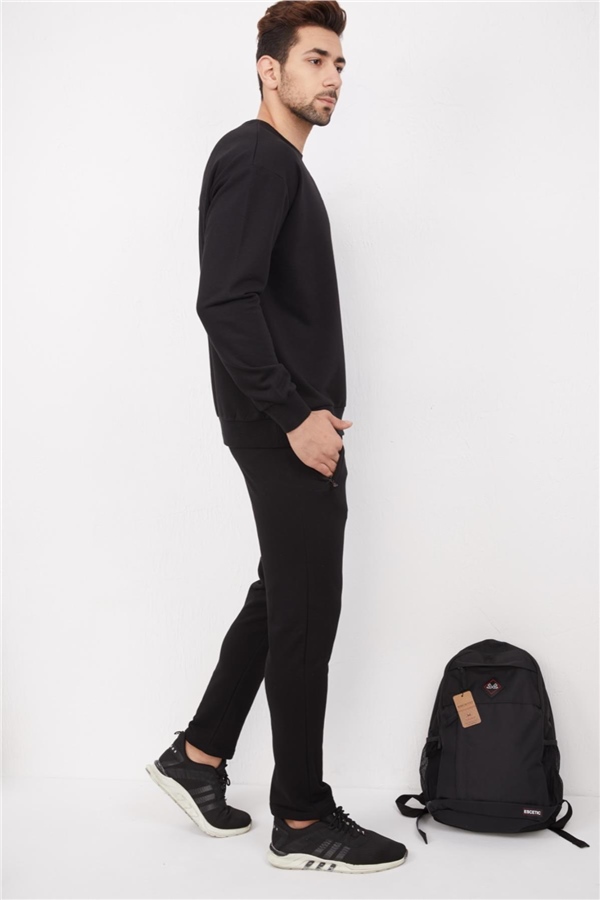 Escetic Siyah Erkek 3 İplik Nefes Alabilen Pamuklu Baskılı Spor Oversize Sweat Takım A3040